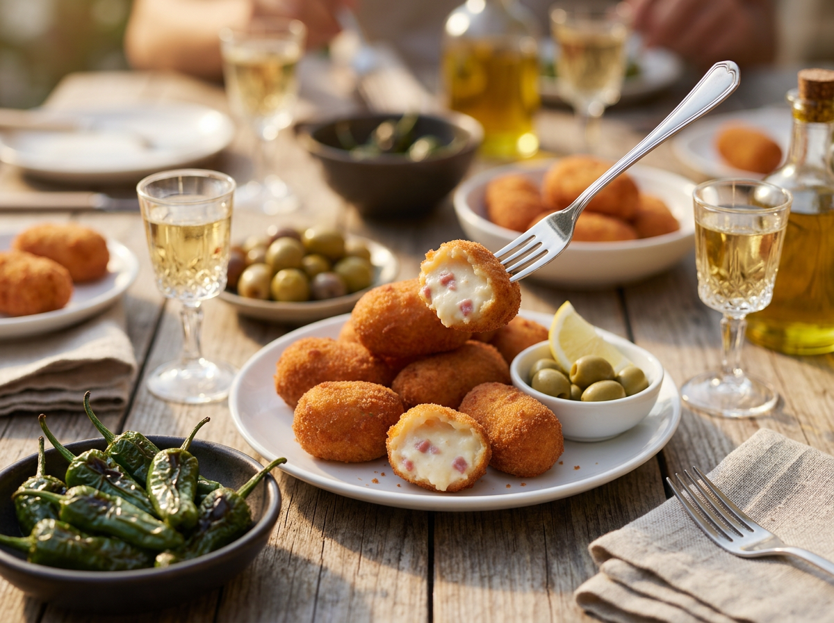 Friends sharing a tapas spread of croquetas, olives, and sherry glasses at a sunlit table with linen napkins
