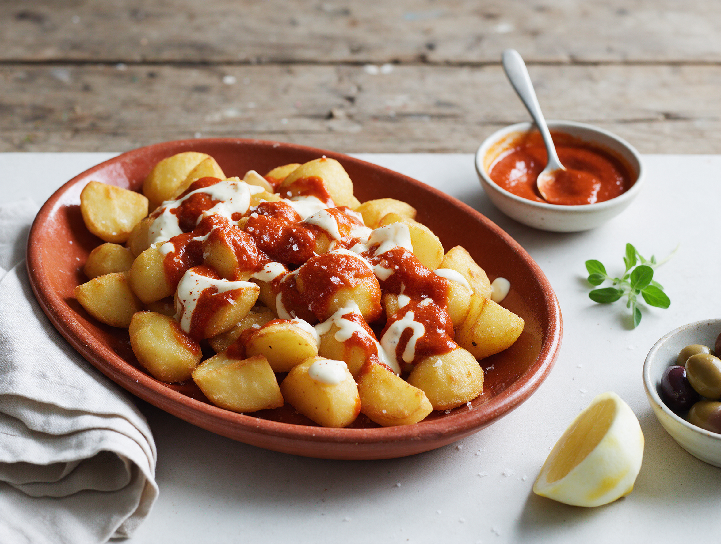 Crisp golden patatas bravas in a terracotta dish under red paprika sauce and white alioli on a wooden table