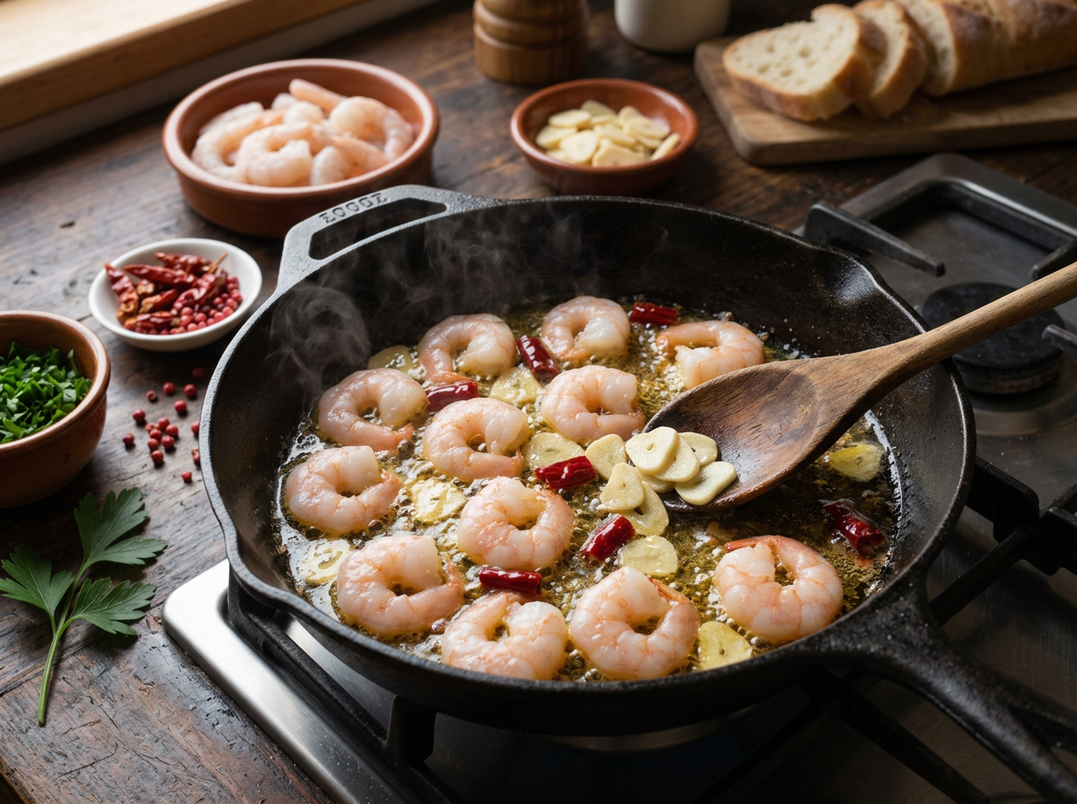 Raw shrimp laid in a single layer in bubbling golden oil, with a wooden spoon nudging pale garlic slices aside
