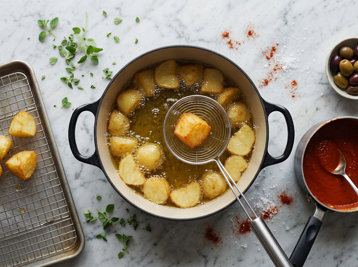 Parboiled potato chunks frying in a black Dutch oven while a spider skimmer lifts out the golden pieces