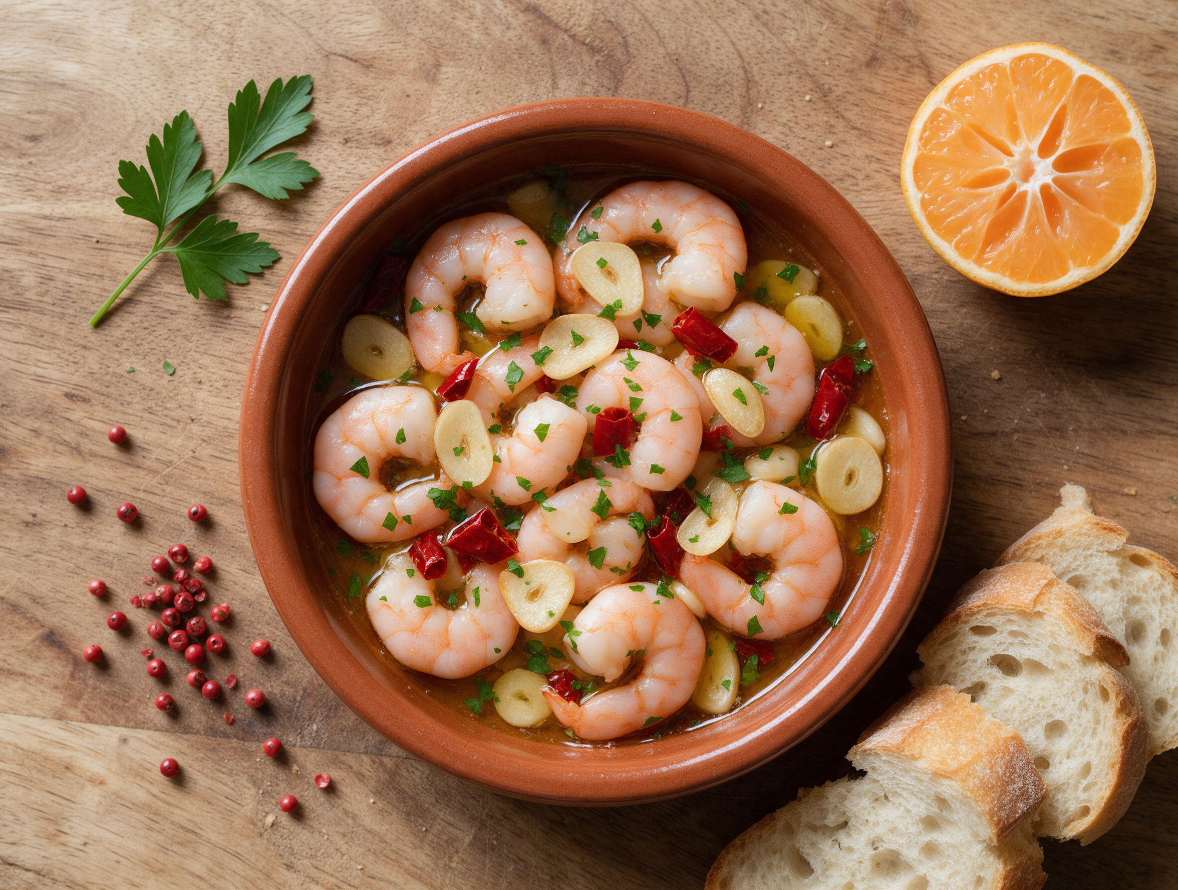 Overhead view of sizzling garlic shrimp with sliced garlic and red guindilla in a terracotta dish on a wooden board