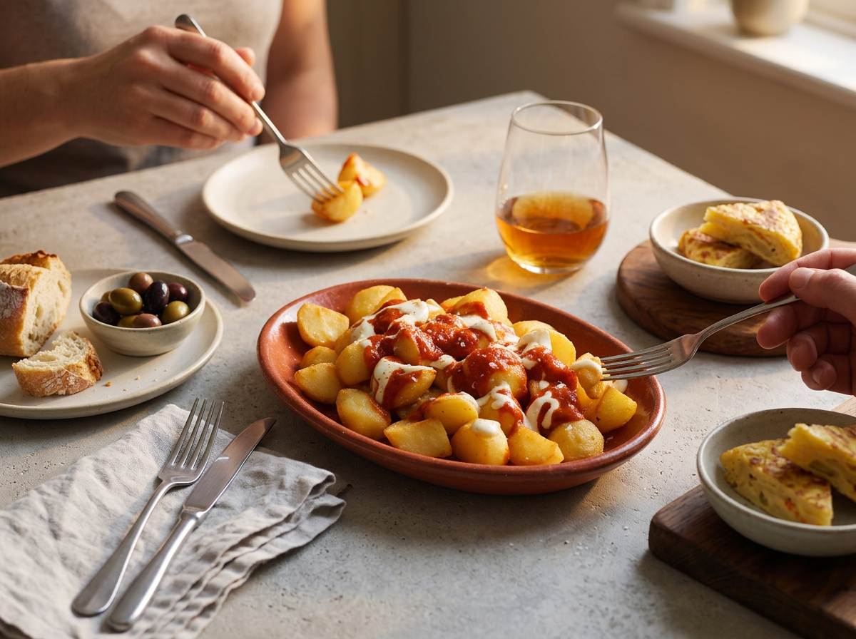 Friends sharing a tapas spread with olives, tortilla slices and sherry glasses at a sunlit linen-covered table