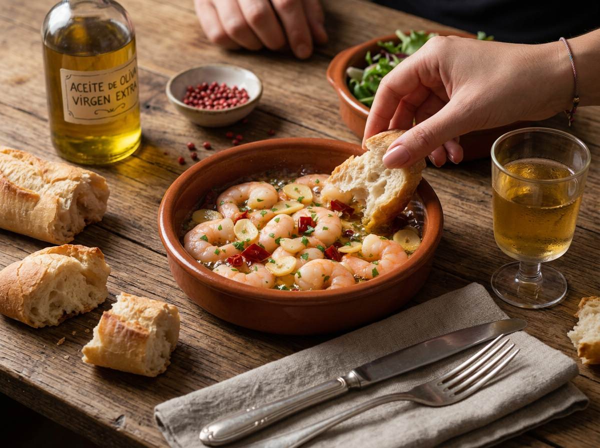 Friends sharing a small dish of shrimp in garlic oil, torn bread and a glass of fino sherry on a rustic table