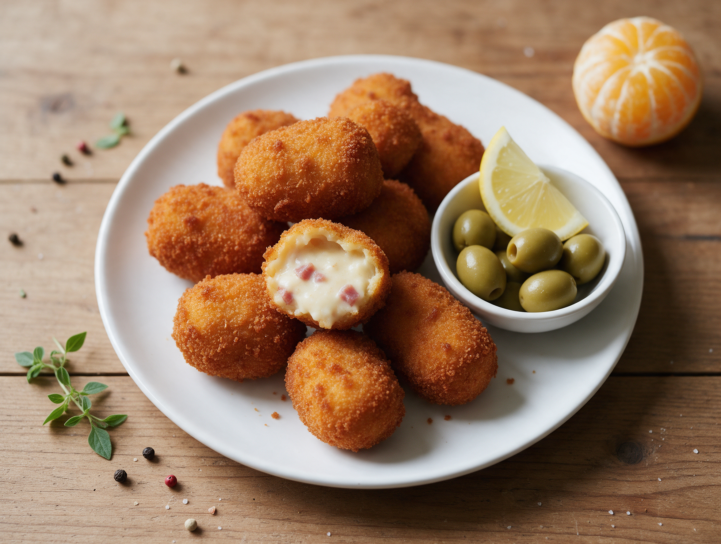 Golden croquetas de jamón on a white plate, one broken open to show the creamy ham filling, on a wood table